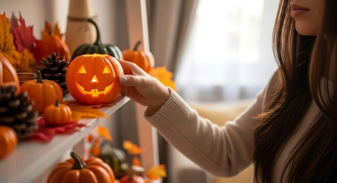 Woman Decorating with Jack O Lantern Pumpkin in Autumn Halloween Decor