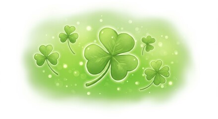 Naklejka premium Shamrock Dreamscape Clipart - Five lucky shamrocks softly glow, symbolizing hope, luck, spring, nature, and celebration. Dreamy green ambiance