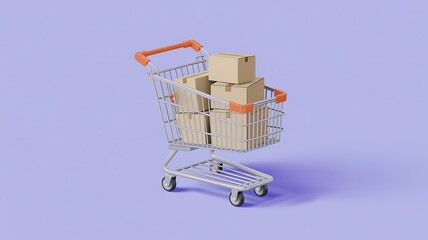 Miniature shopping cart filled with small cardboard boxes on a pastel purple background