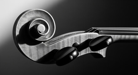 Black and white still life focusing on the textured details of musical instruments, such as a violin's scroll