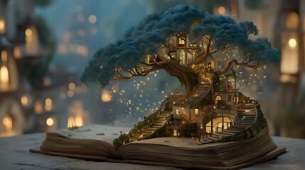 Obraz premium Magical Treehouse Village Popup Book Illustration with Fantasy World, Fairy Tale, and Bokeh.