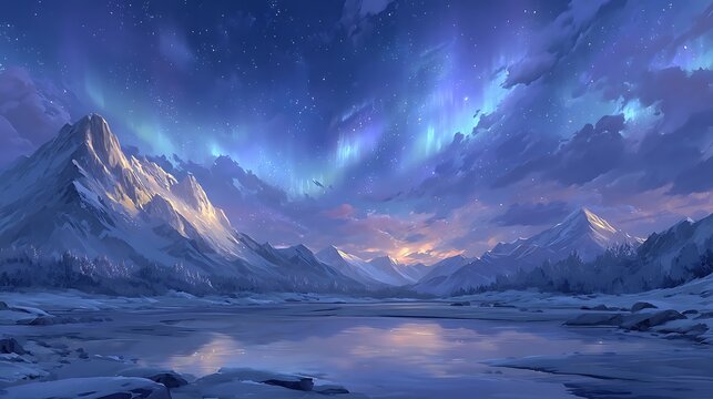 Majestic Aurora Borealis Over Snowy Mountain Landscape with Night Sky, and Fantasy Art.