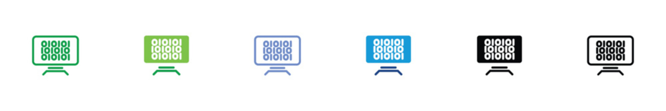 Binary Code Icon Set &ndash; 6 Variations of Digital Data Symbol on Computer Monitor for Programming and Cyber Technology Concepts