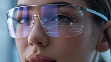 Young woman face with smart futuristic glasses and digital interface technology, close up showing innovation and advanced technology concepts - Powered by Adobe