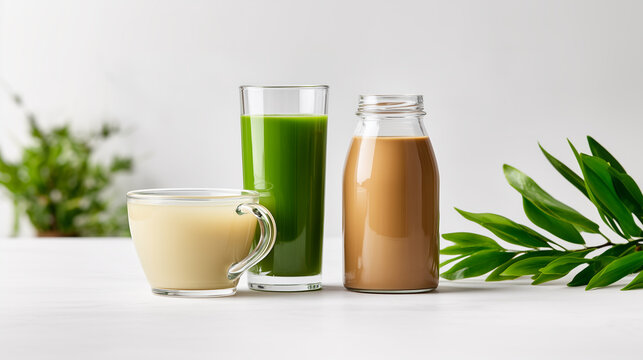 Variety of functional beverages with organic ingredients displayed in modern glassware setup