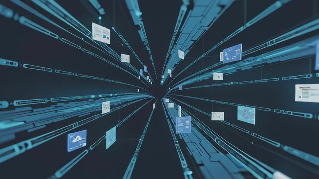 Digital data flow with floating files and documents virtual space, fast technology transfer through dynamic motion and futuristic communication panels