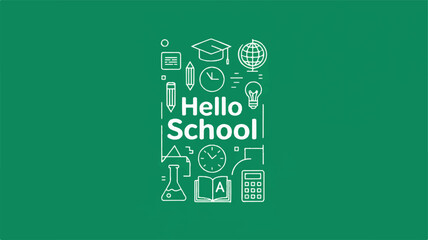 White line art school icons and text Hello School on green background education learning 1