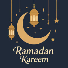 Ramadan Kareem Greeting with Crescent Moon and Lanterns – Islamic Festive Illustration
