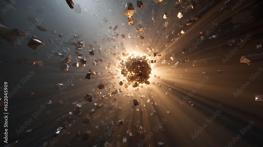 Wall mural a cosmic explosion of asteroids and light in the vastness of space, creating an abstract and visuall