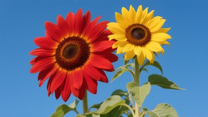 Obraz premium sunflower duo: one radiant red, one classic yellow, against a bright blue sky.
