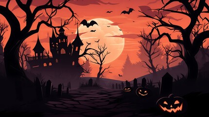 Halloween background spooky night scene with haunted house pumpkins and bats vector illustration design