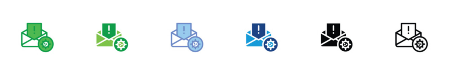 Email Virus Alert Icon Set – 6 Style Variations Depicting Malware Infection, Phishing Email, and Cybersecurity Threat Symbols