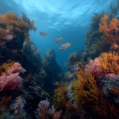 Naklejka premium Underwater Scene with Coral Reef and Colorful Fish Swimming