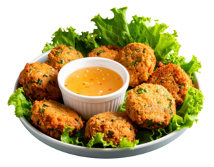 Crispy golden fried fish cakes with herbs served on lettuce leaves with sweet chili dipping sauce