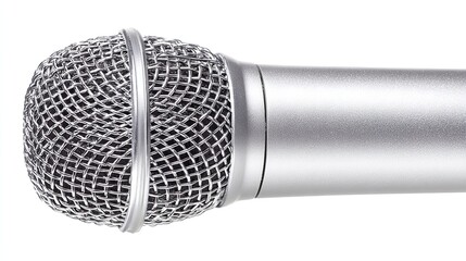 Professional microphone with detailed metal finish, presented in a sleek, isolated close-up.