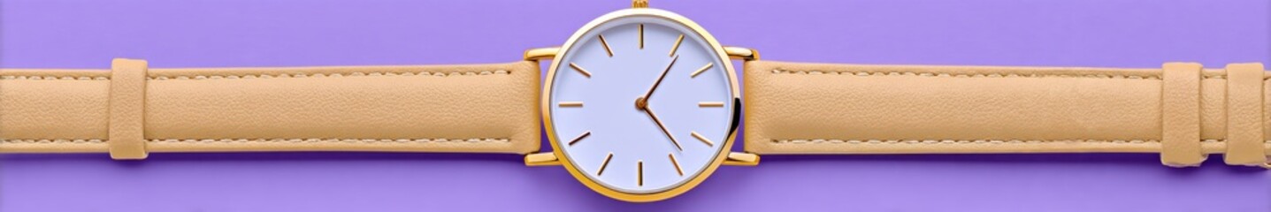 Minimalist Wristwatch with Light Beige Strap on Pastel Lilac Background - Elegant Timepiece Concept with Copy Space