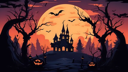 Halloween haunted house spooky night background vector illustration full moon bats trees halloween pumpkins
