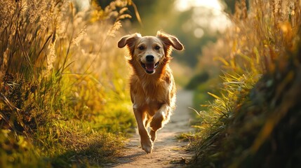 A dog is running through a field of tall grass