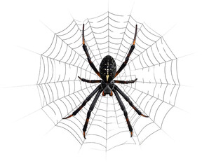 A realistic close-up of a spider on its intricate web with a transparent background.