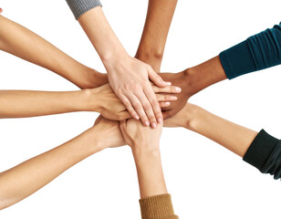 Diverse group of hands stacked together in teamwork huddle showing unity, collaboration and support