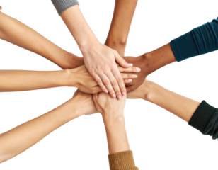 Diverse group of hands stacked together in teamwork huddle showing unity, collaboration and support