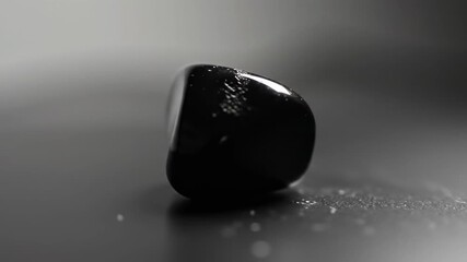 Close-up of a small, dark, polished stone with surface imperfections resting on a gray surface.