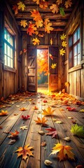 Naklejka premium Colorful oak leaves scattered on a wooden floor of an old autumn house with cartoon details