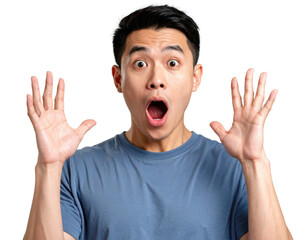 A shocked and amazed young Asian man with wide eyes and open mouth, raising his hands in a gesture of surprise or disbelief.