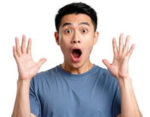A shocked and amazed young Asian man with wide eyes and open mouth, raising his hands in a gesture of surprise or disbelief.