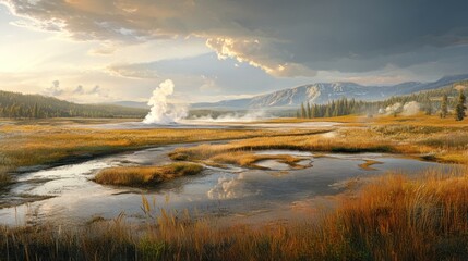 Yellowstone Geyser Sunset Landscape