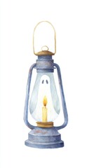 Eerie Watercolor of Spooky Lantern with Ghostly Face and Flickering Candlelight for Halloween Decorations and Designs on White Background