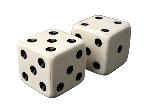 Two white dice showing a six and a five against a black background