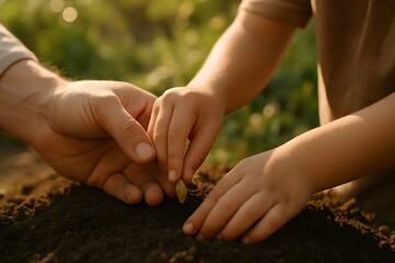 Planting a seed in soil with adult and child hands