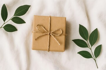 Eco gift box with twine and leaves on white background