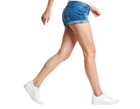 A slender young woman's legs in denim shorts and white sneakers captured in a walking motion on a transparent background. - Powered by Adobe