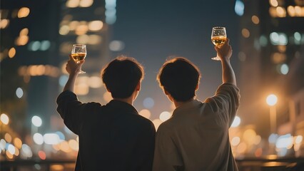 Two individuals raising glasses in a toast against a vibrant cityscape at night