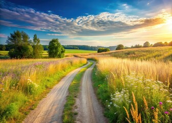 Naklejka premium A rural road winding through a field of tall grass and wildflowers on a sunny day