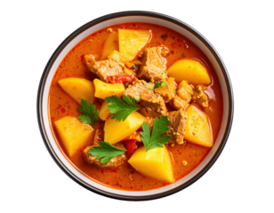 A delicious and hearty bowl of red stew with meat and potatoes, on a transparent background.
