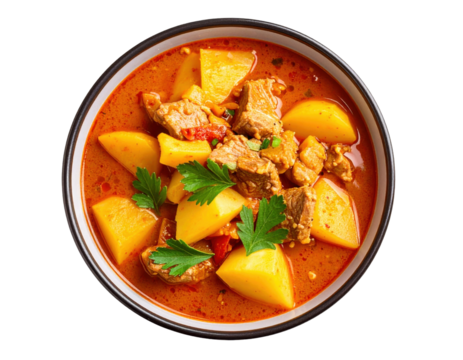 A delicious and hearty bowl of red stew with meat and potatoes, on a transparent background.