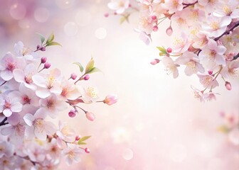 Soft pastel hues of cherry blossoms blend with delicate floral patterns on a white background