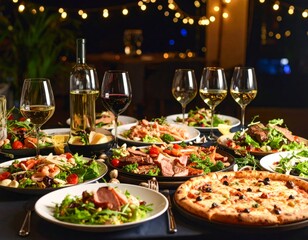 A delectable buffet of fresh and healthy gourmet catering dishes displayed on a table for a celebratory banquet