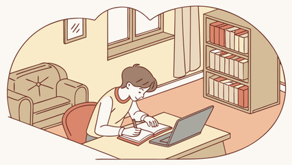 A boy studying in his room with a laptop and books, surrounded by furniture and natural light, creating a cozy and productive learning environment