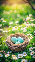 Cozy bird's nest surrounded by delicate pastel Easter eggs and fresh daisies in a lush green garden