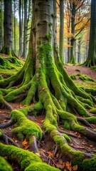 Ancient tree roots with moss and lichen