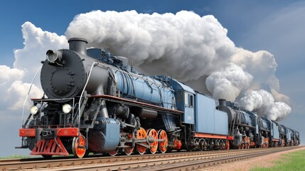 Obraz premium A vintage steam locomotive moving along railway tracks with billowing white smoke in the sky