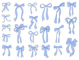 Hand drawn elegant blue bows and ribbons. Minimalist drawing sketch. Vintage vector illustration. Perfect for holiday poster, greeting cards, wedding invitations