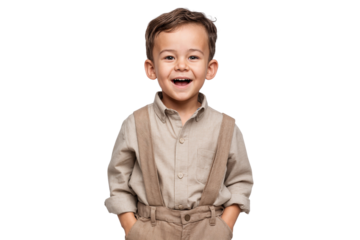 Portrait of a happy, smiling little boy in stylish clothes with suspenders, looking at camera on transparent background. Joyful child