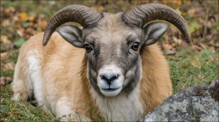 Fototapeta premium A close-up of a goat with curved horns resting on grass in a natural outdoor setting