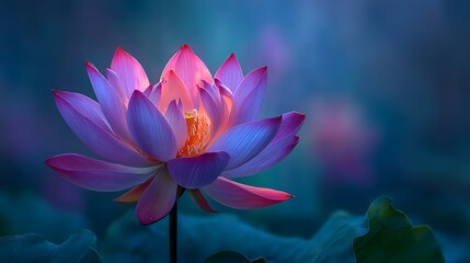 Serene Lotus Flower in Bloom with Pink Petals with Glowing Light, and Tranquil Blue Background.