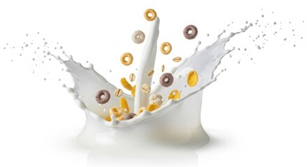 A splash of milk with cereal in motion, on white background
